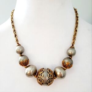 Vintage Silver Pearls Necklace with Rustic Gold Filagree Detail & Linked Chain